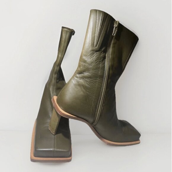 Miista Brenda Olive/Khaki Leather Square Toe Heel Boots (Women’s EU 39/US 8.5) - Picture 1 of 2